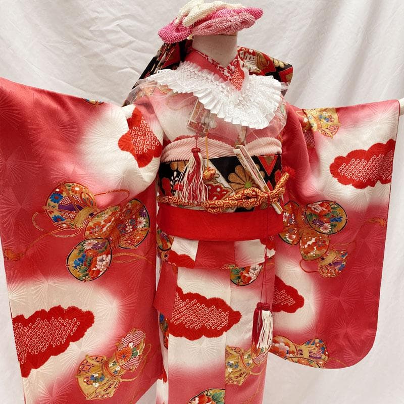 501ag31◎七五三 七歳 女児 着物&丸帯 小紋柄 部分絞り染め 鼓◎美品