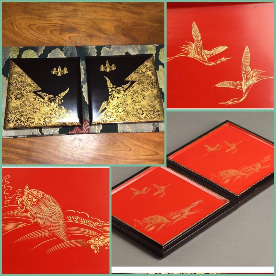 【特別出品】木製輪島塗　沈金　菊に桐紋様　片身代わり台付　５段重