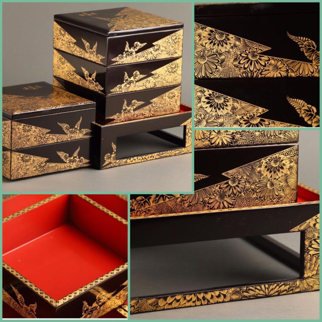 【特別出品】木製輪島塗　沈金　菊に桐紋様　片身代わり台付　５段重