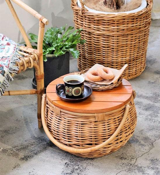 皮付きラタンバスケット直径38 バスケット 収納 新品未開封 籐（655）