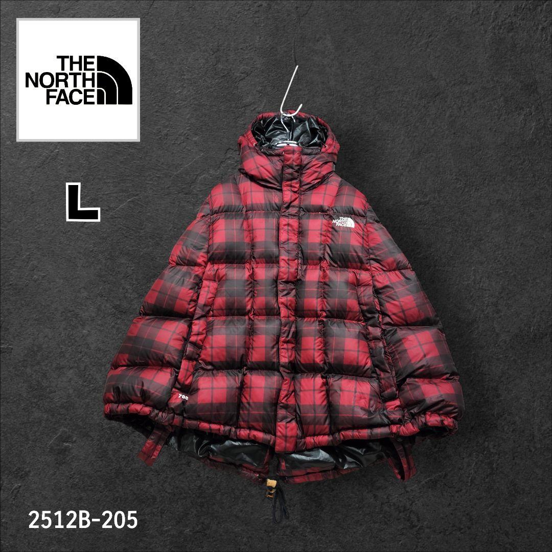 ★希少　ノースフェイス　刺繍　ダウン　ポンチョ　チェック柄　700　レディースL