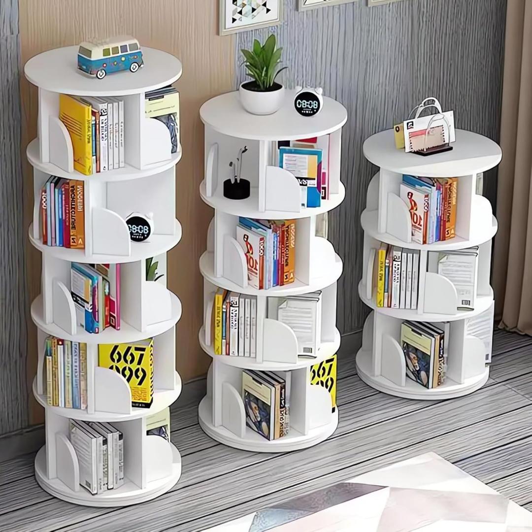 ホワイト 4段 本棚 回転式本棚 大容量 直径46CM A4紙が入る高さ 絵本棚
