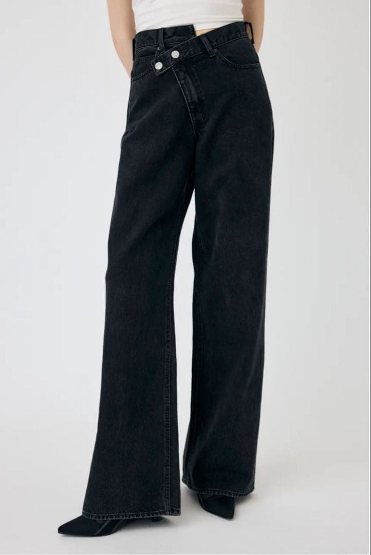 MOUSSY ブラック クロスウエストワイドストレートデニム