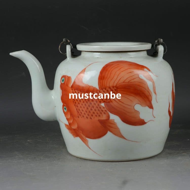 景徳鎮 陶磁器 金魚紋提梁壺 茶壺 煎茶器 装飾品 現代工芸品 置物