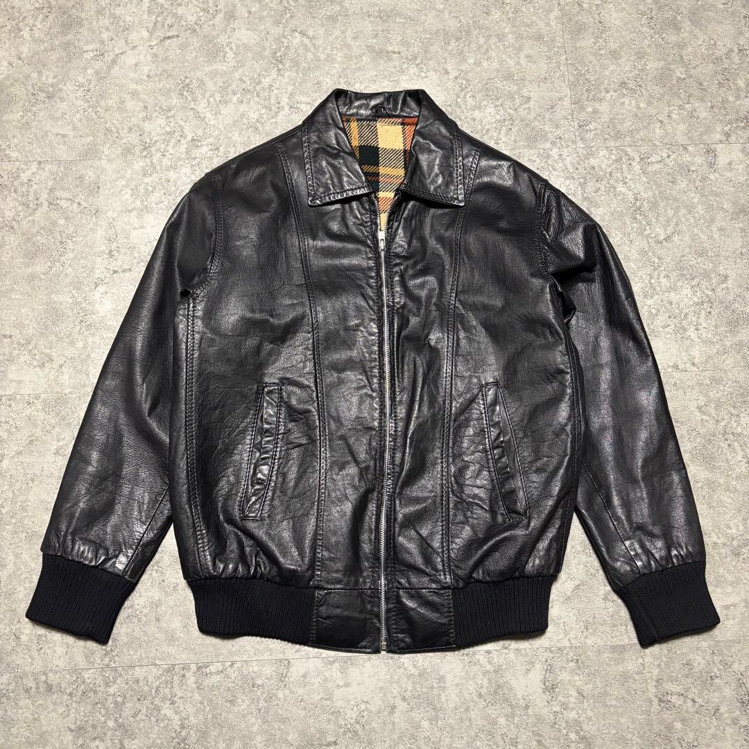 【archive】レザージャケット　ブルゾン　 L チェック柄　短丈　ショート丈