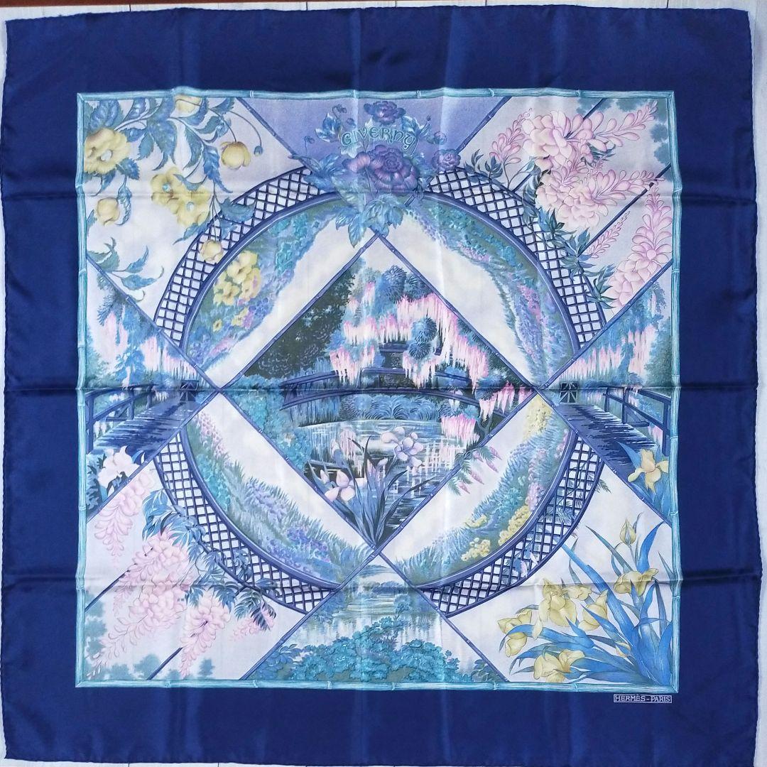 HERMES カレ90　GIVERNY モネの庭 　 花と庭園 ネイビー