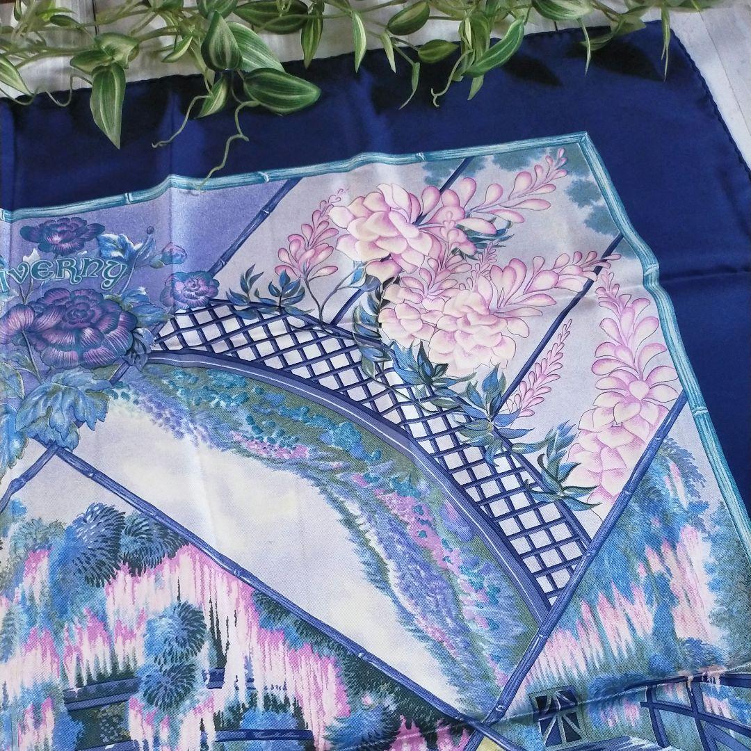 HERMES カレ90　GIVERNY モネの庭 　 花と庭園 ネイビー
