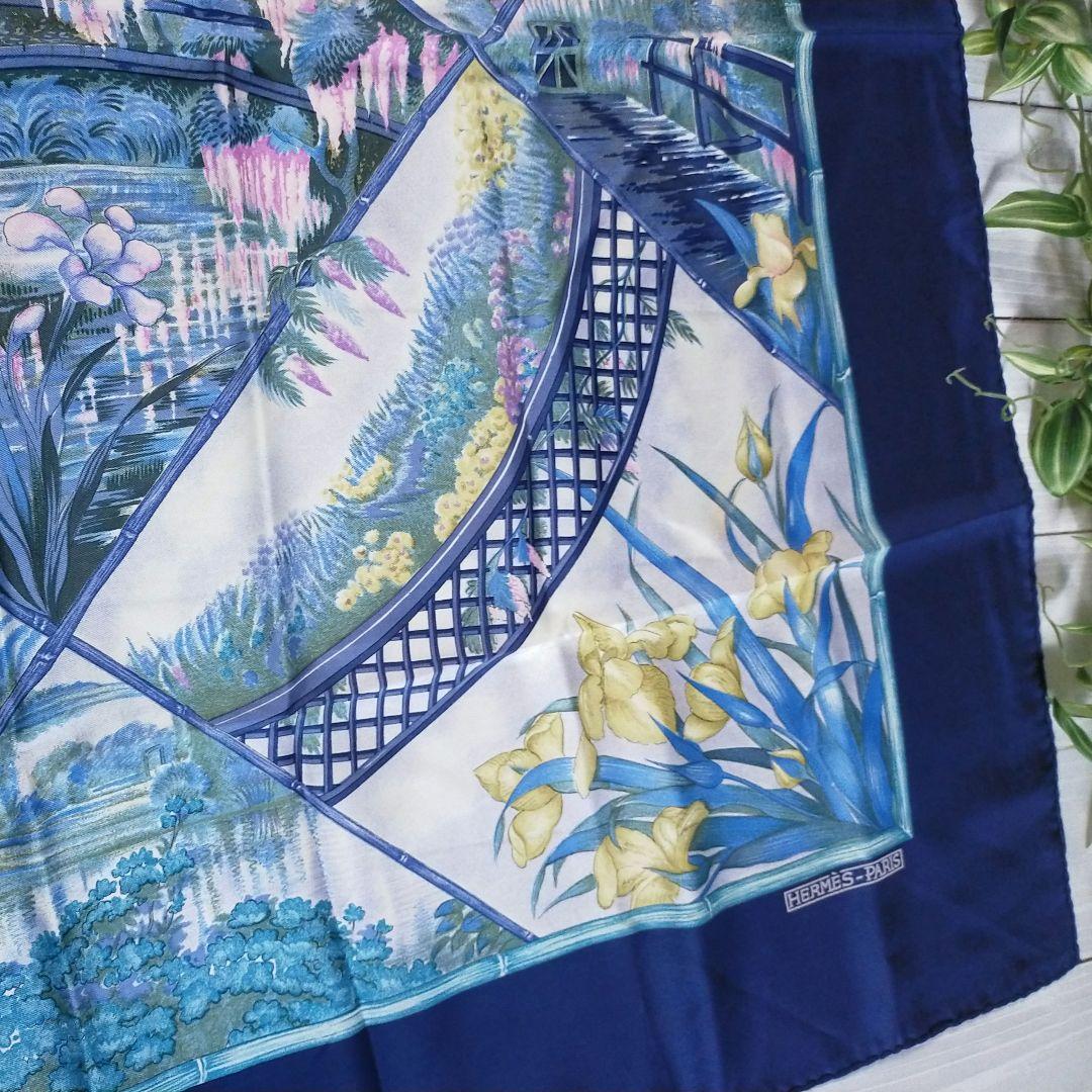 HERMES カレ90　GIVERNY モネの庭 　 花と庭園 ネイビー