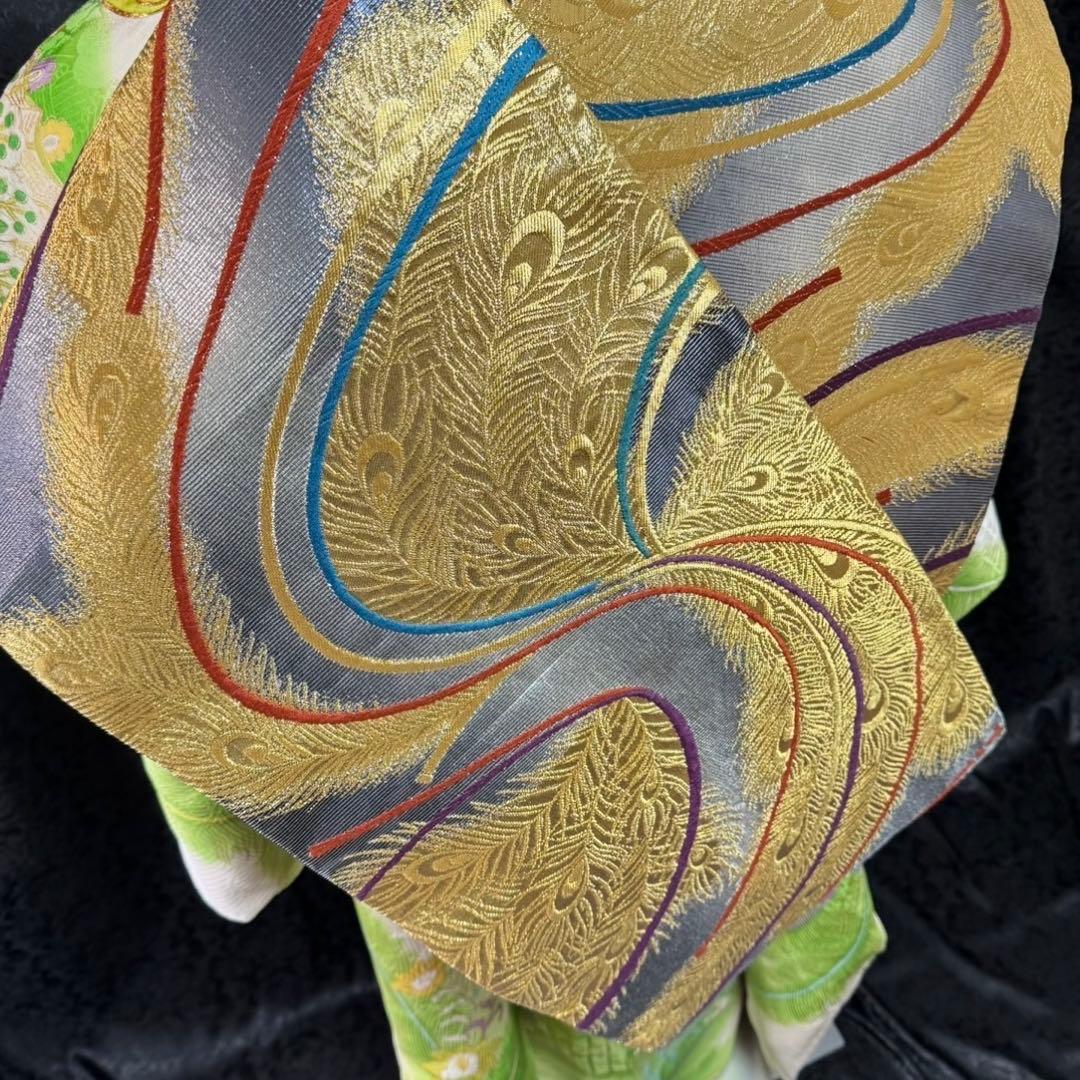 美品　孔雀　刺繍　駒刺繍　金彩　縮緬　地紋　逸品　振袖　※振袖・長襦袢のみ