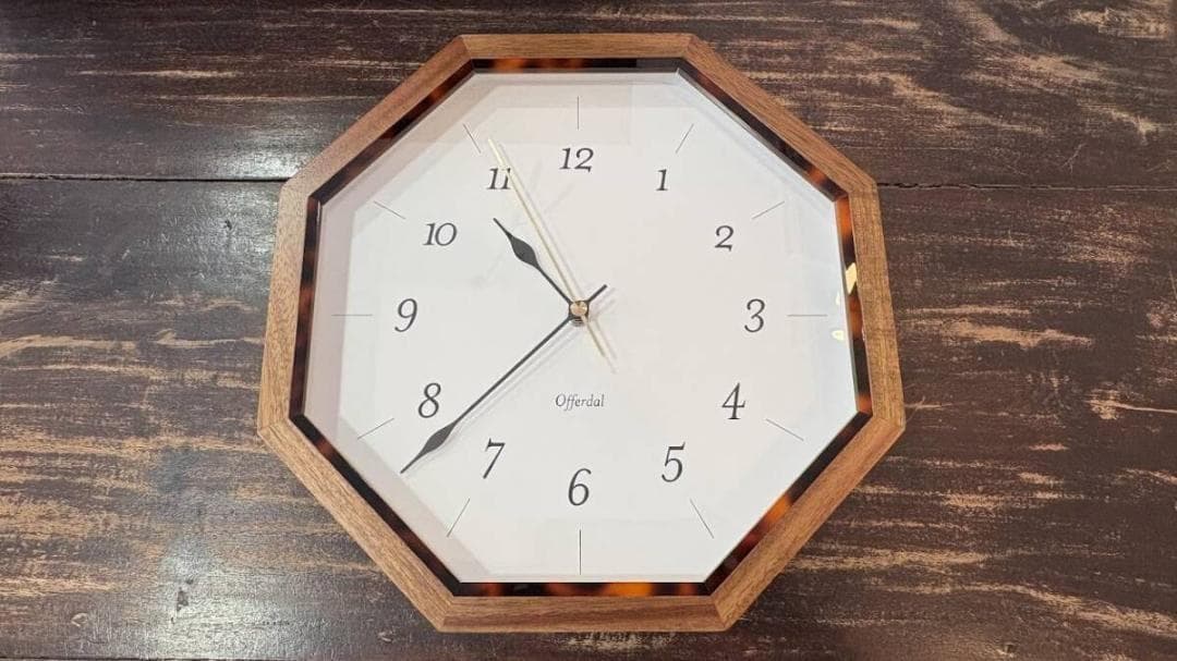 掛け時計 ウォールクロック シンプル 八角形 風水 べっ甲調 木フレーム