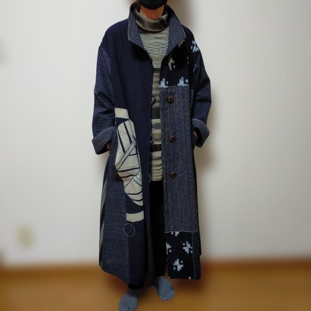 古布リメイク　筒描き、型染、縞木綿久留米絣からロングコート　　お値下げしました