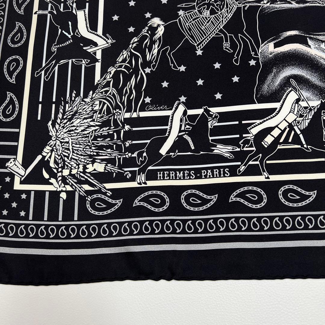 エルメス タグ付き スカーフ カレ90 パウニー族の首長 シルク ネイビー