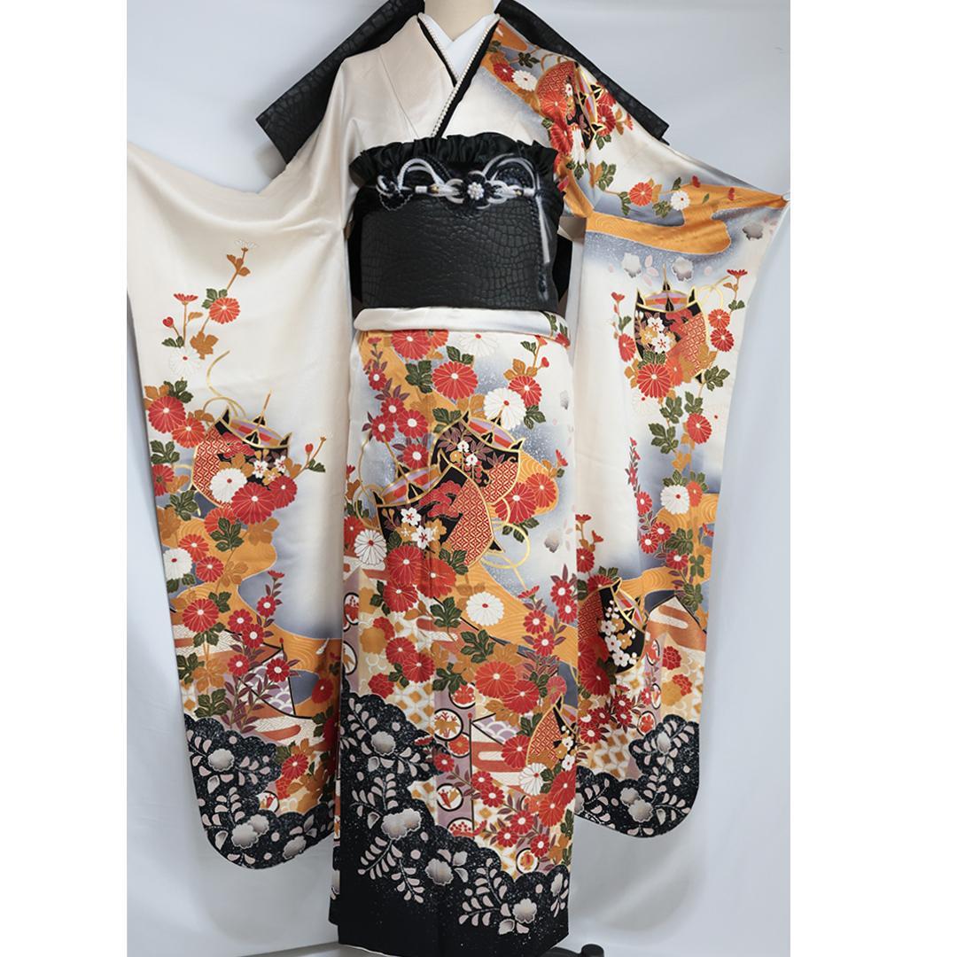 難あり振袖単体161.5cm人気アイボリーホワイト白系黒グレー正絹成人式OZ53