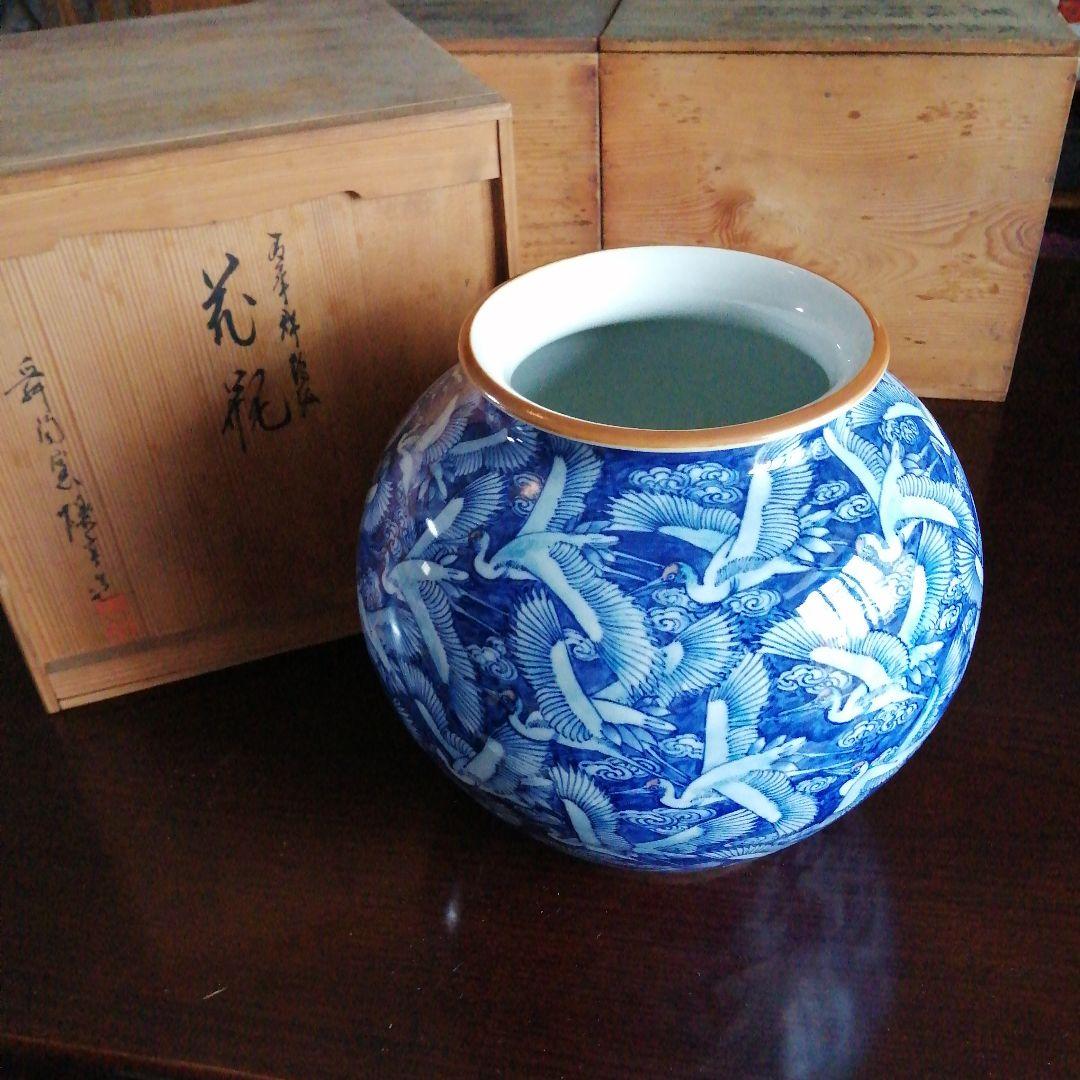 瀬戸焼　河本礫亭　染付千羽鶴紋花瓶　29cm