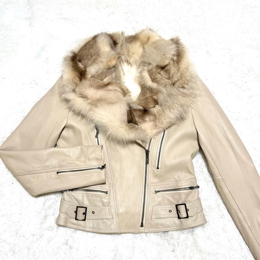 フォックスファー レザー ライダース ジャケット ホワイト イタリア製