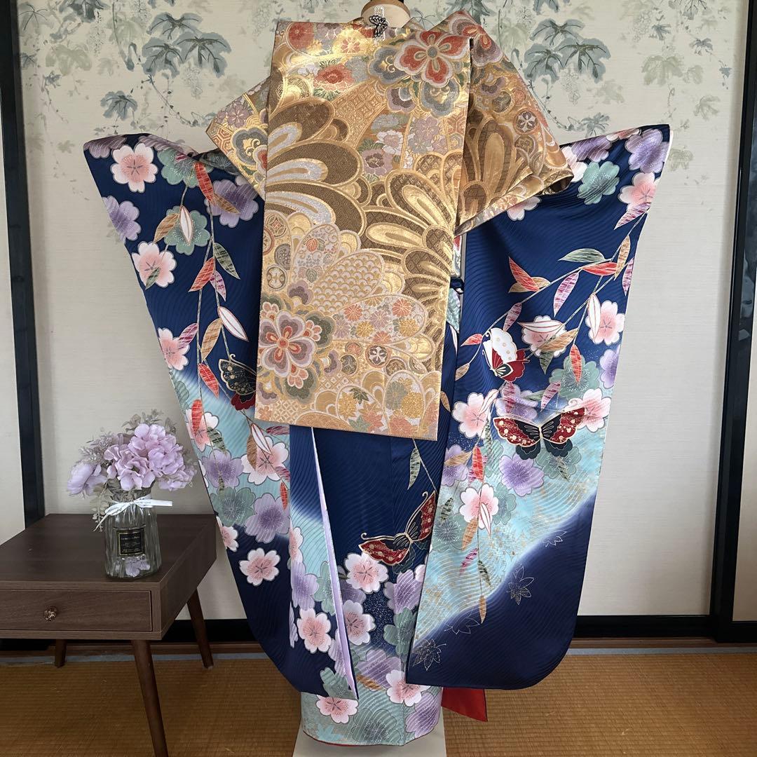 【最終価格】すっきり青地に蝶が素敵！振袖フルセット　成人式前撮り