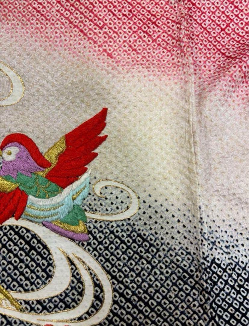 七五三　四ツ身女の子着物　正絹　仮絵羽　赤　豪華絞り　刺繍　片輪車　鴛鴦