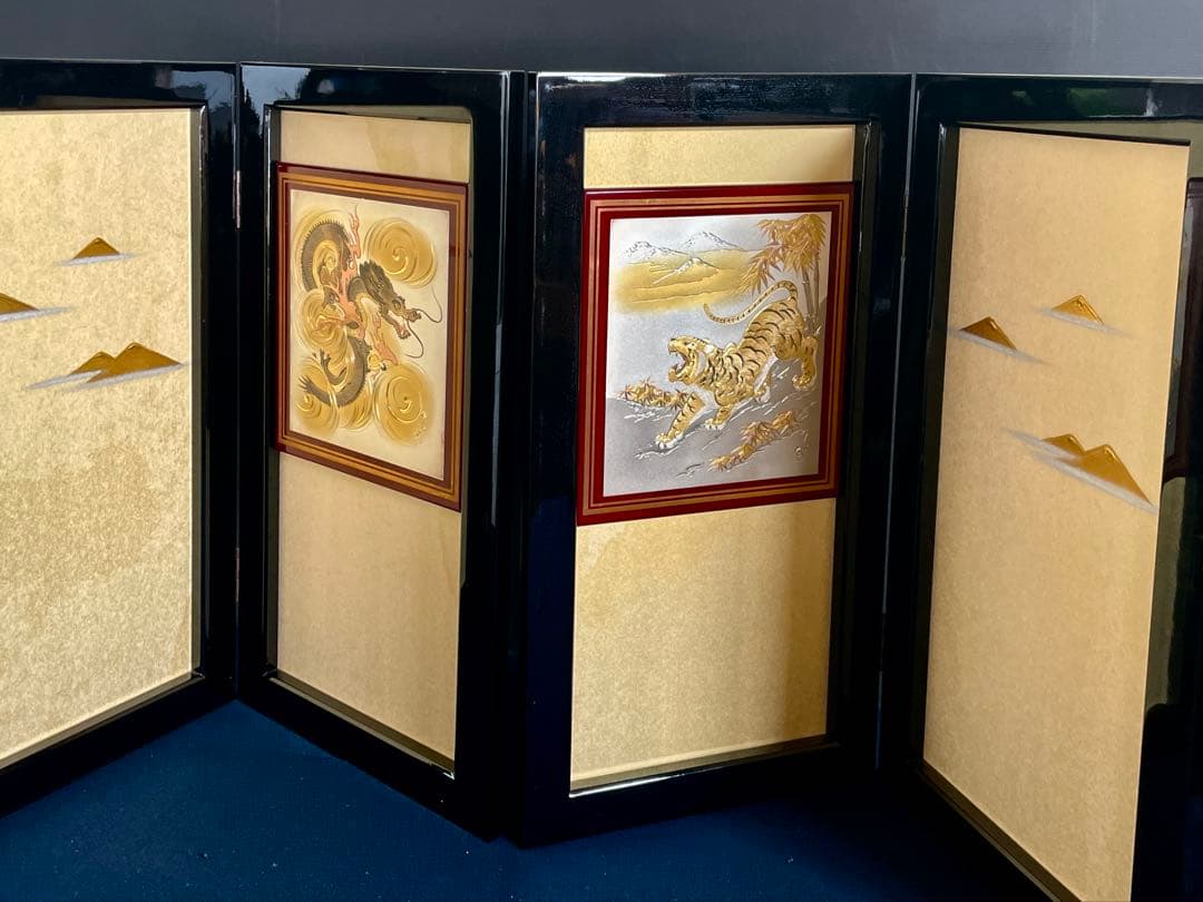 割引❣️【美品】「母」 龍虎 彫金 黒漆塗 二曲一双 屏風 衝立 日本製 （あ③）