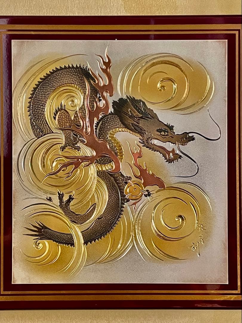 割引❣️【美品】「母」 龍虎 彫金 黒漆塗 二曲一双 屏風 衝立 日本製 （あ③）