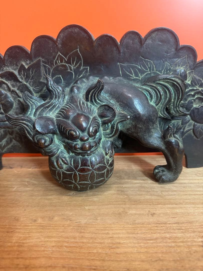 1737 名人　大国寿郎作　牡丹獅子置物　銅製　時代物