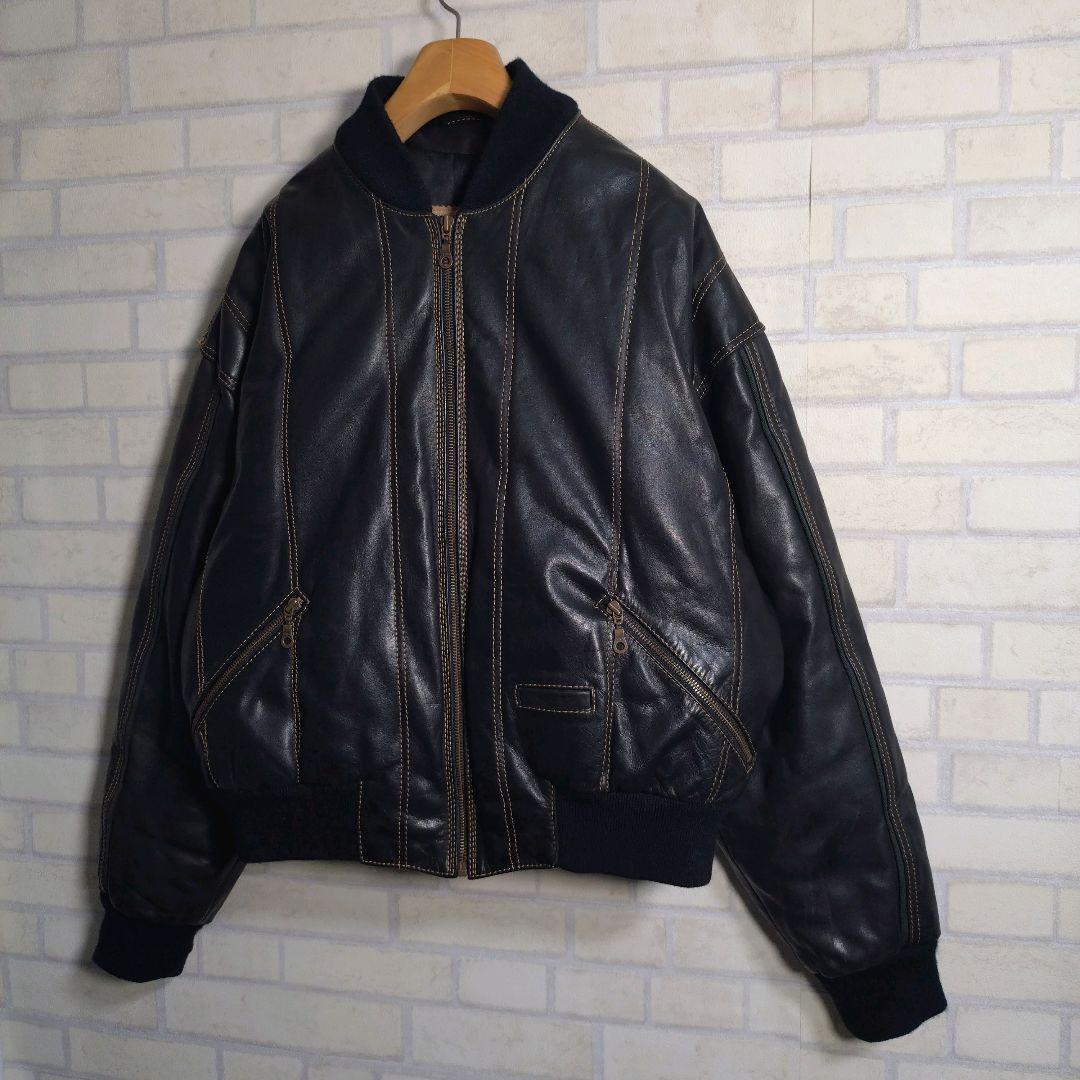 ヴィンテージ★総ステッチ リアルレザー 牛革 レザージャケット ネイビー M相当
