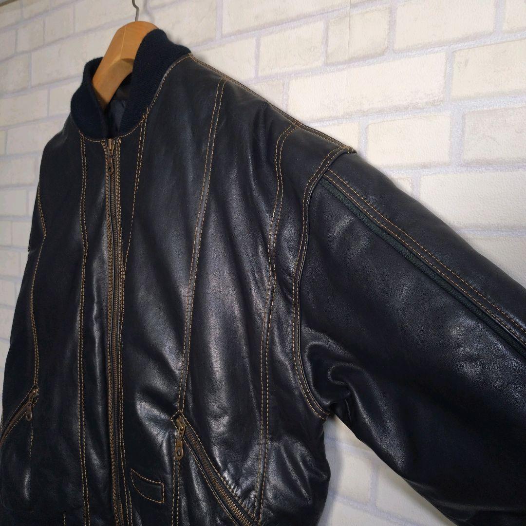 ヴィンテージ★総ステッチ リアルレザー 牛革 レザージャケット ネイビー M相当