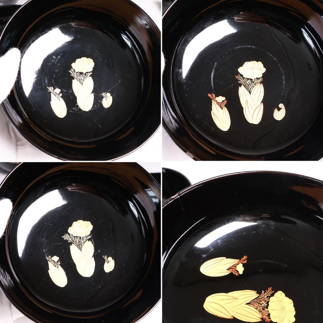 【CM416】訳あり 天然木漆塗 月と梅 福寿草 金蒔絵 黒塗椀 五客 大正昭和