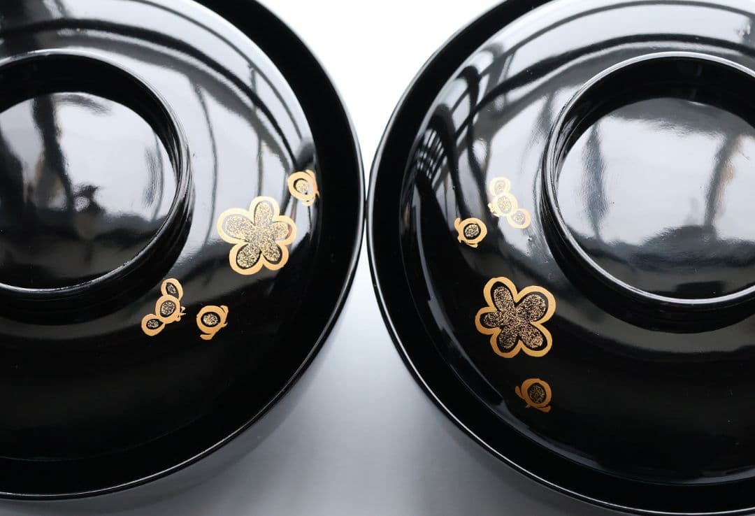 【CM416】訳あり 天然木漆塗 月と梅 福寿草 金蒔絵 黒塗椀 五客 大正昭和