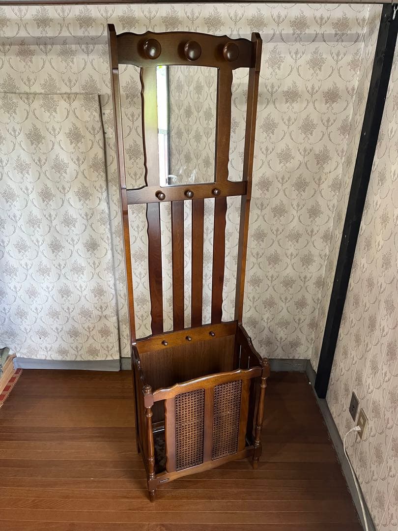 【アンティーク】カリモク 木製 アンブレラスタンド 傘立て 鏡 ミラー 古家具