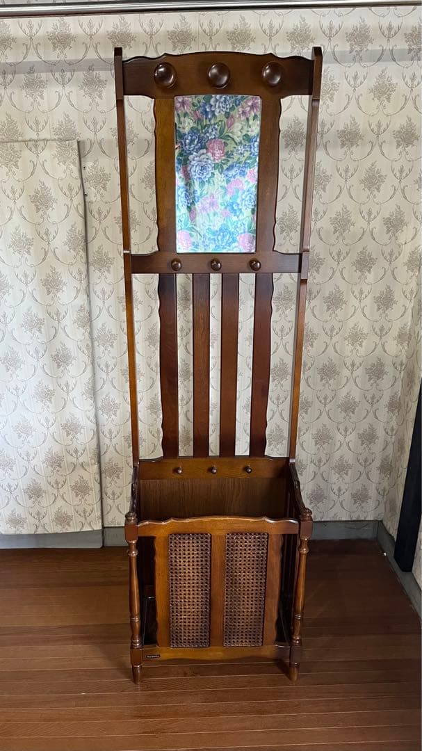 【アンティーク】カリモク 木製 アンブレラスタンド 傘立て 鏡 ミラー 古家具