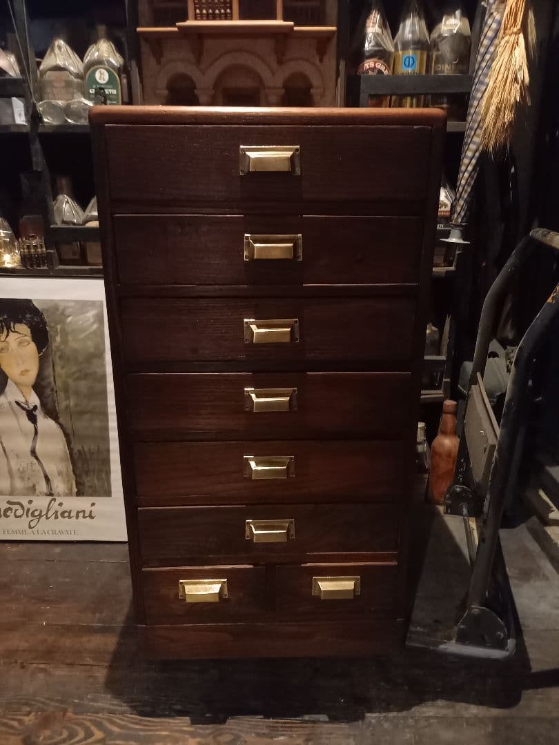 1950's　ヴィンテージ　ドロワー　欅　無垢材　継ぎ組み　細工　真鍮　金具