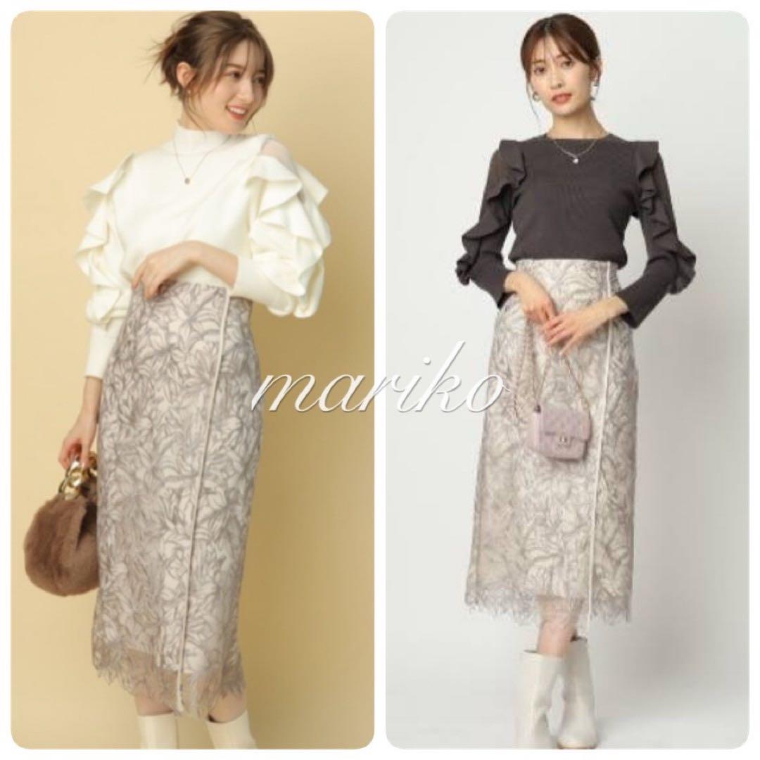 新品アプワイザーリッシェ ライン刺繍タイトスカート　ジャスグリッティーベージュ1