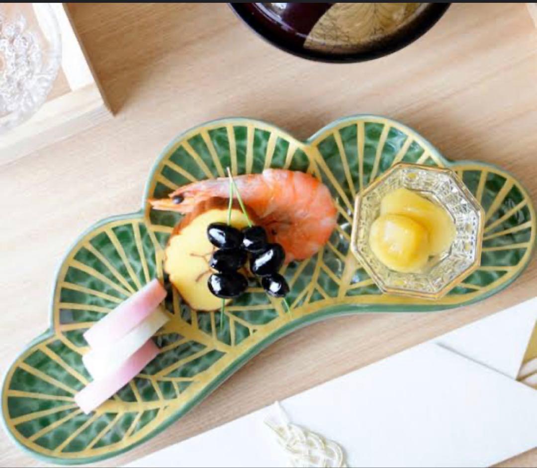 さるいぬきじご依頼品　幸楽窯　松葉形前菜皿　緑金　赤金　白金　5点セット