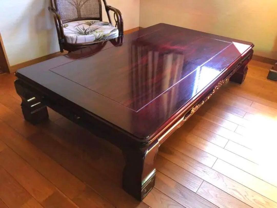 【紫檀　突板貼　彫刻座卓】純和風　テーブル　彫刻　ちゃぶ台