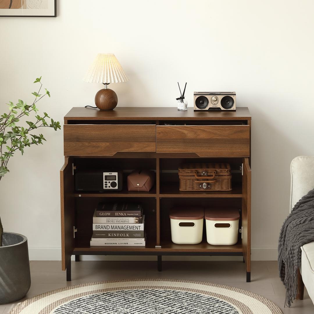 2セット！キャビネット 木製 脚付収納棚 サイドボード【幅90cm】BROWN