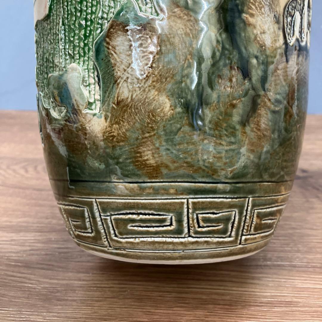 4F 名品 景徳鎮製 銘あり 大型花瓶 壺 浮彫 龍 鳳凰 三彩 伝統工芸