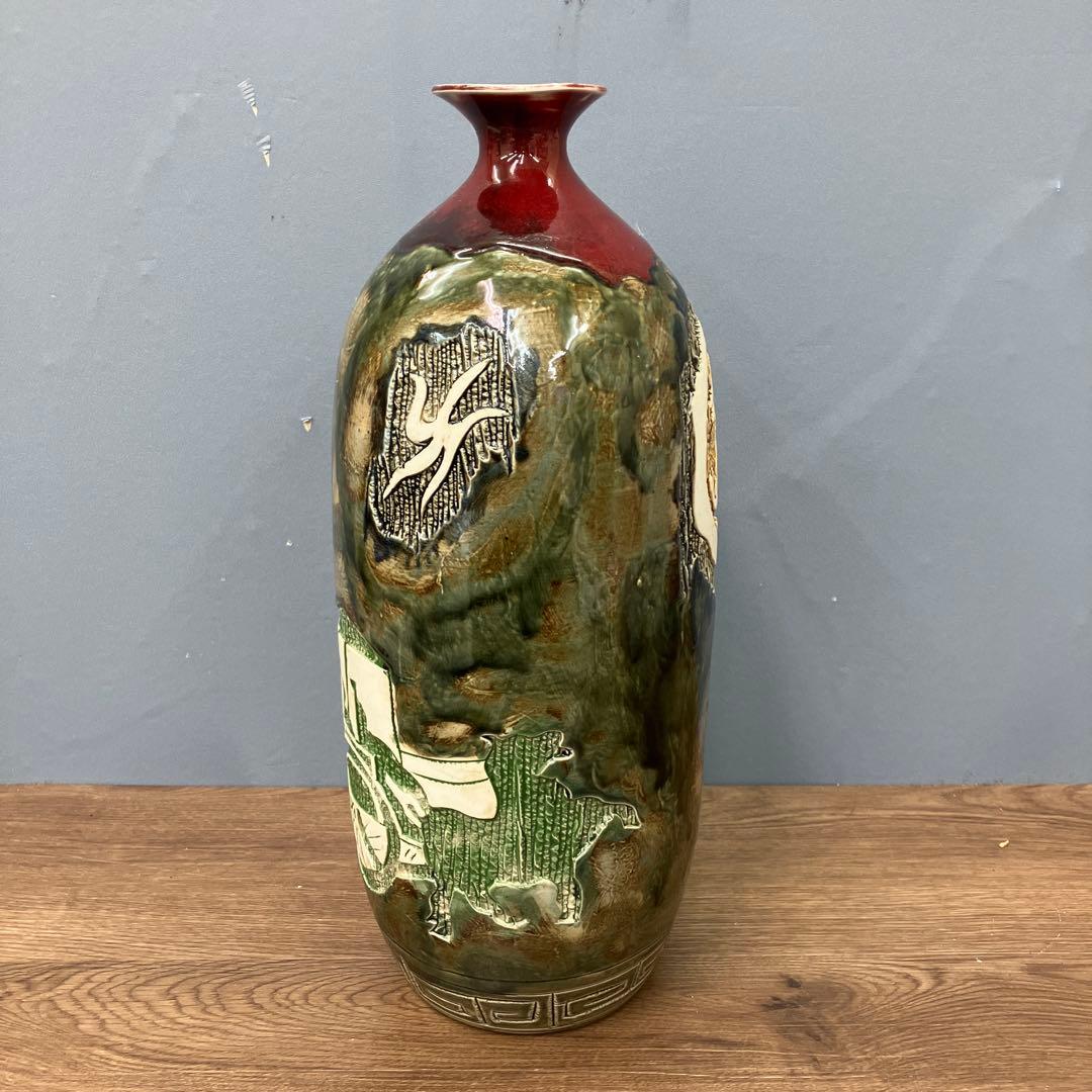 4F 名品 景徳鎮製 銘あり 大型花瓶 壺 浮彫 龍 鳳凰 三彩 伝統工芸