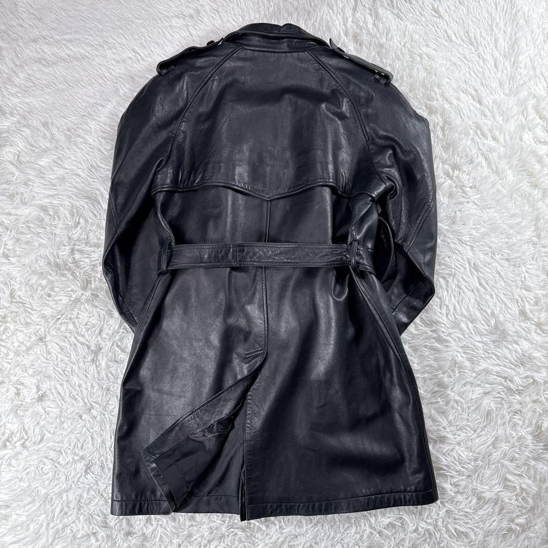 【ヴィンテージ】羊革 レザートレンチコート ダブル ベルト付き ブラック