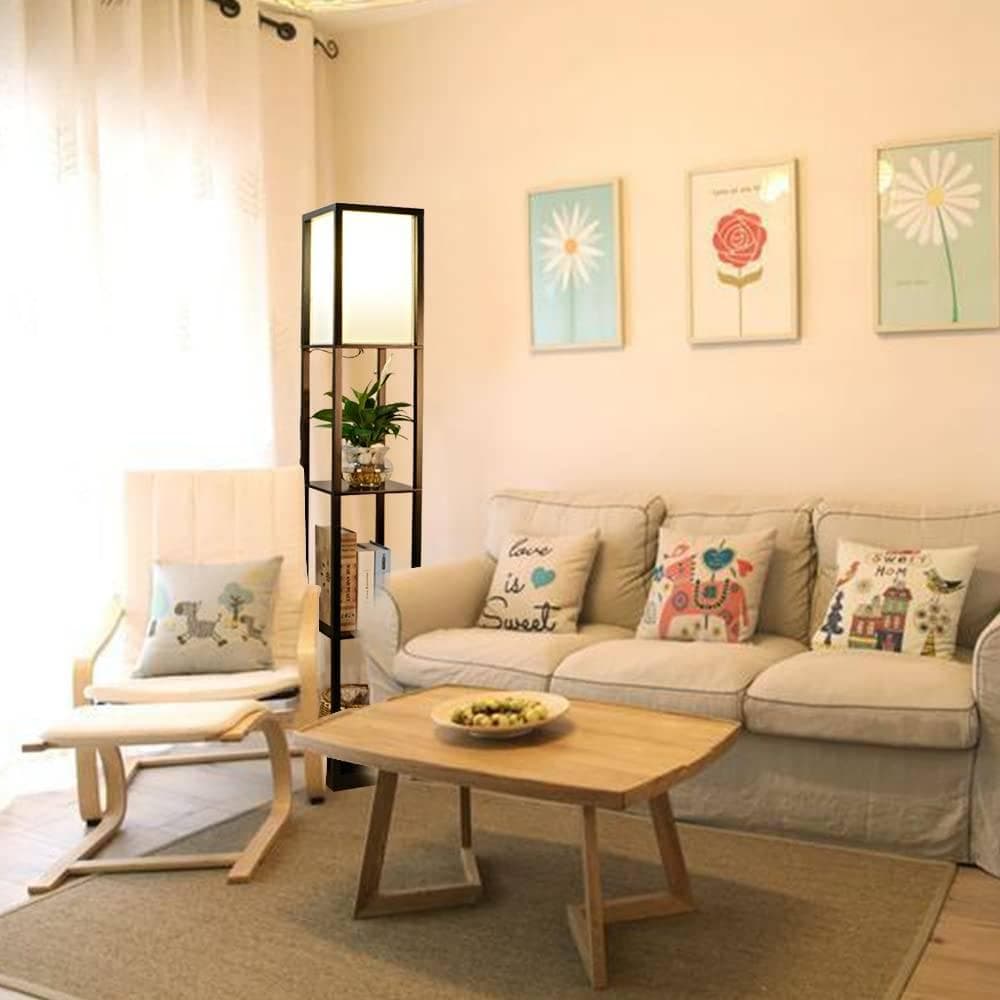 木製のラックが付いたフロアライト