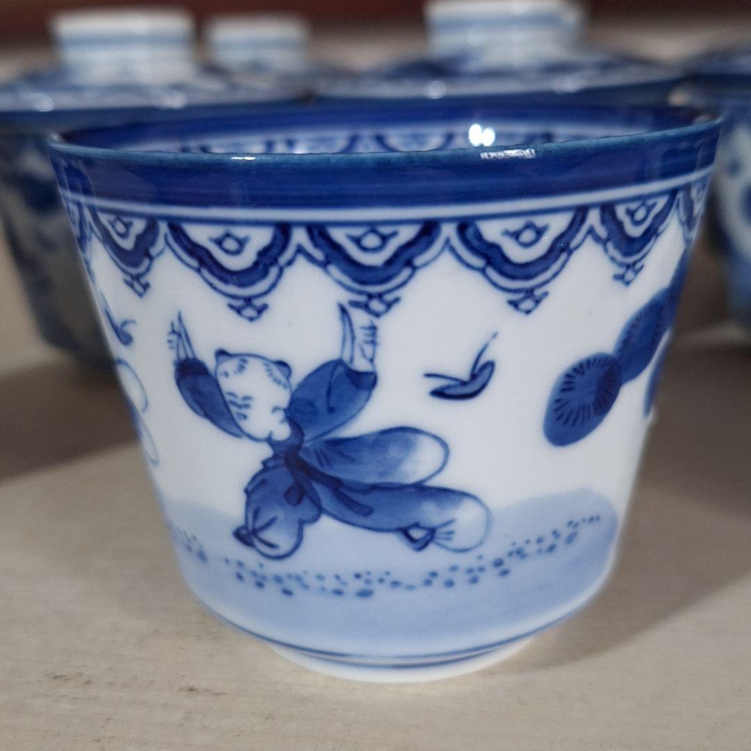 有田焼　鍋島焼　華山　茶碗蒸し椀　陶器　藍色染　付三人唐子柄　ヴィンテージ