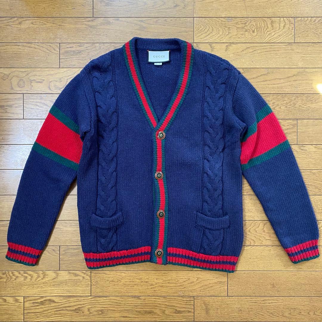 GUCCI ウール ケーブルニットカーディガン 紺 S