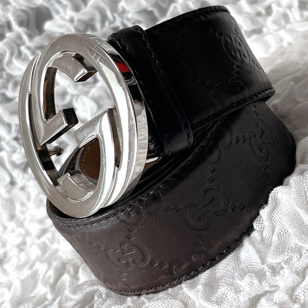 美品　グッチ　シマ　インターロッキングG　ベルト　114984　95/38 茶