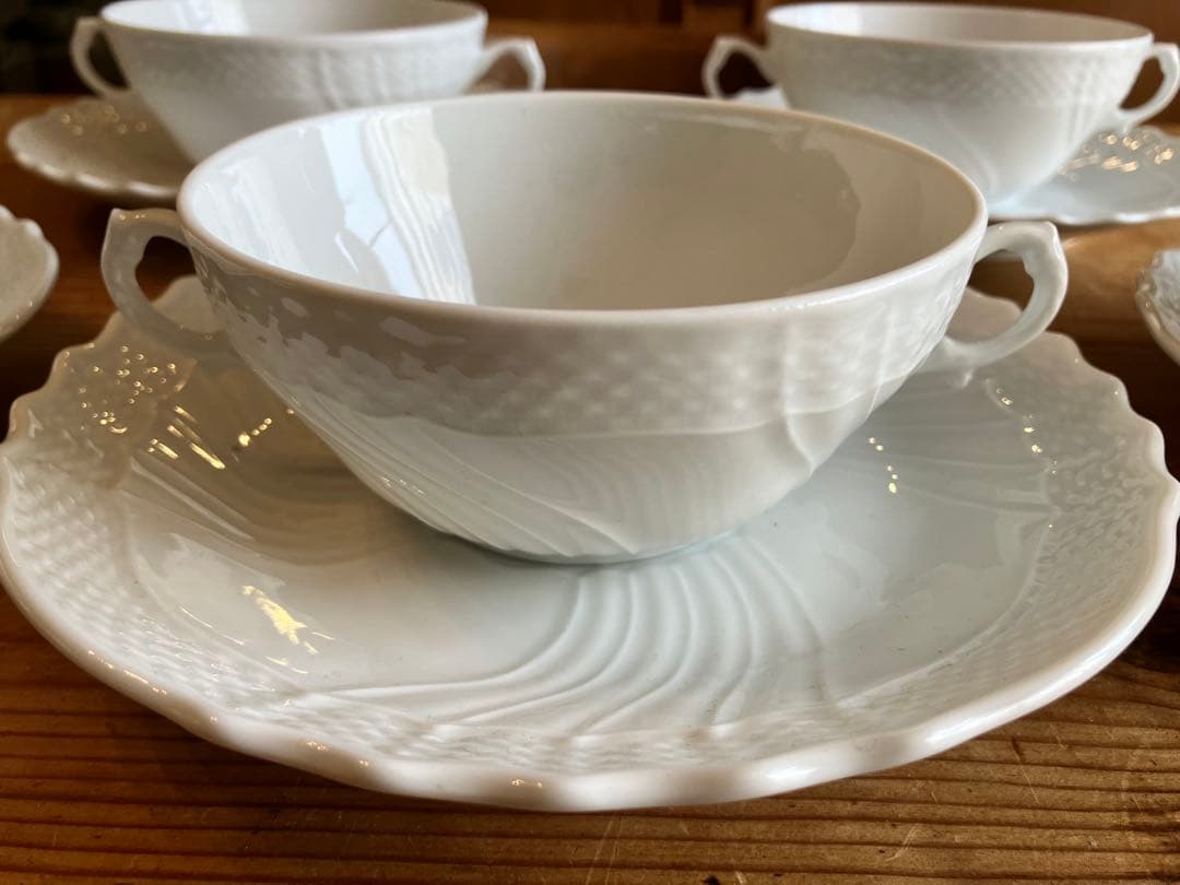 ジノリ　ベッキオホワイト　ダブルハンドルスープカップアンドソーサー×5