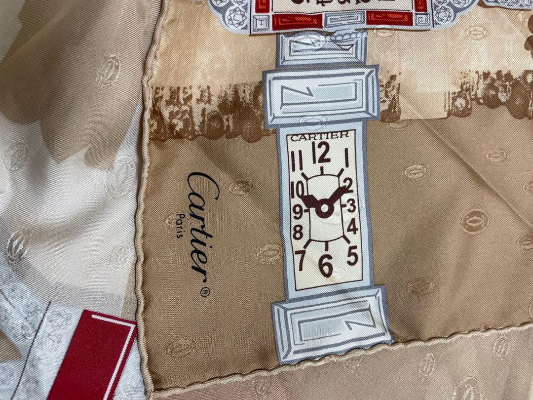 Cartier シルクスカーフ 時計デザイン ベージュ