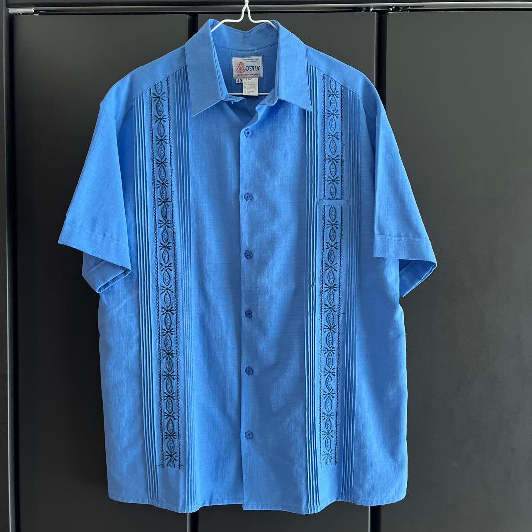 GUAYABERA shirt 40 ブルー　キューバシャツ　メキシコシャツ