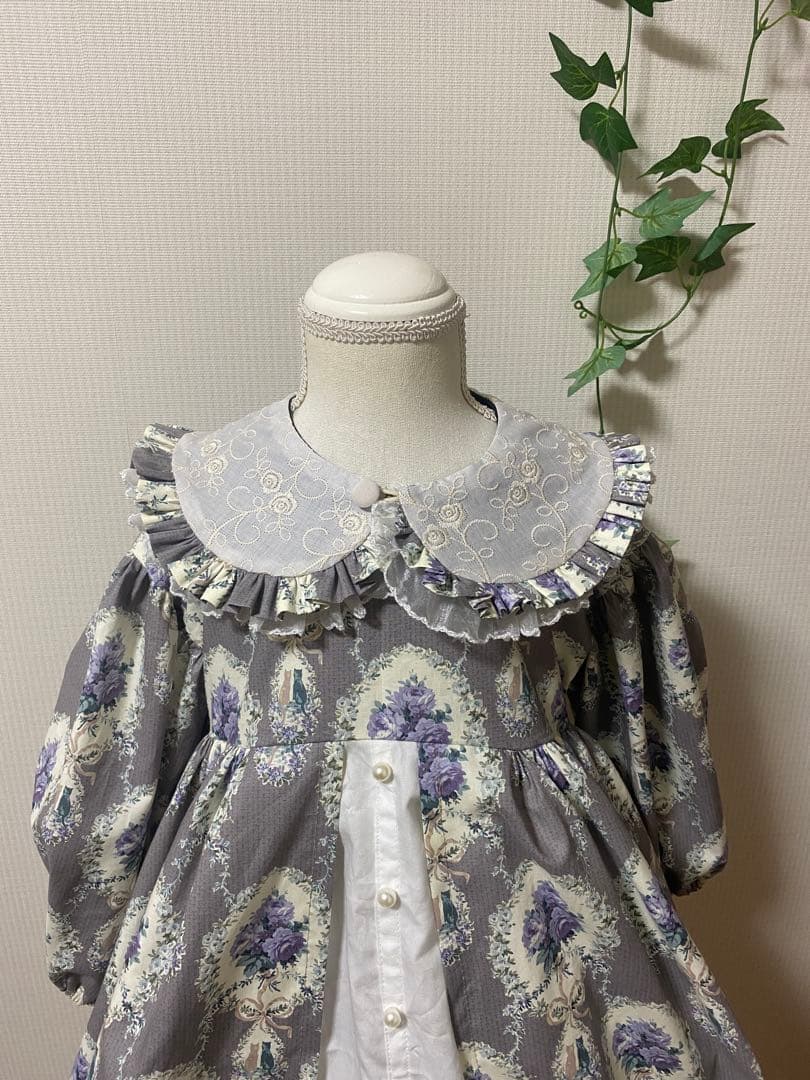 ハンドメイド　ウエストギャザーワンピース120、90cm つけ襟セット