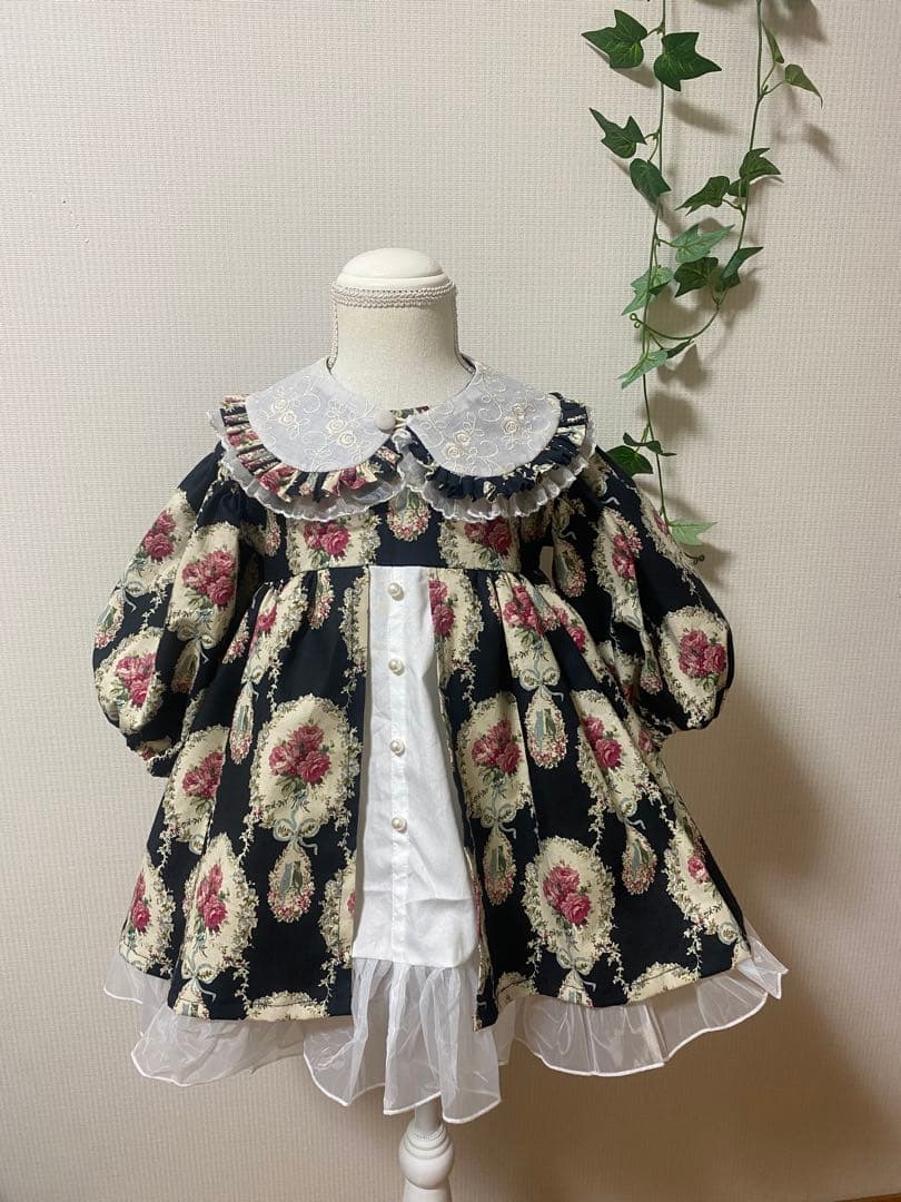 ハンドメイド　ウエストギャザーワンピース120、90cm つけ襟セット