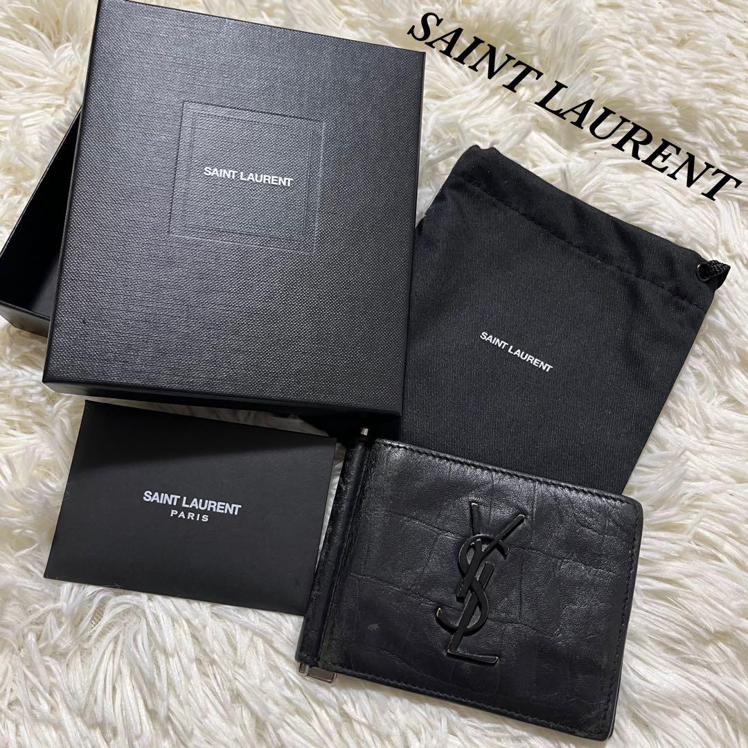 箱付サンローラン マネークリップ カードケース クロコ型押カサンドラ YSL 黒