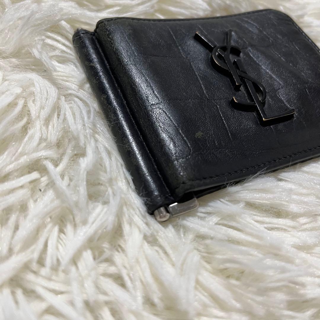 箱付サンローラン マネークリップ カードケース クロコ型押カサンドラ YSL 黒