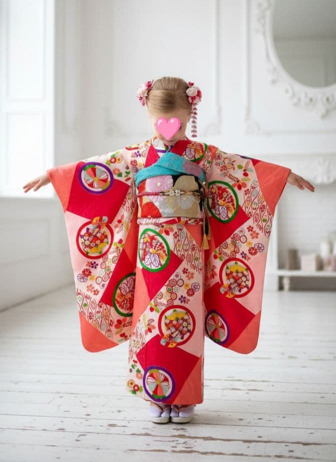 専用です☆アンティークピンク赤に丸模様の着物と黒系だらり帯